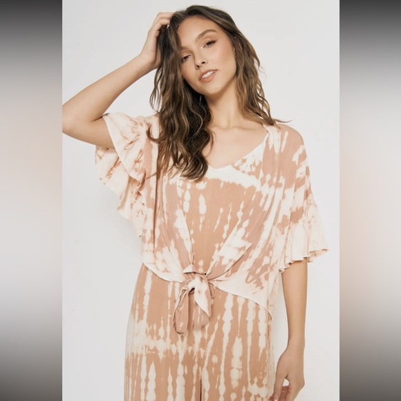 🆕Kimono Short Set Tie Dye Blush Cream Natural Ruffles 2 Piece Set - Picture 2 of 6